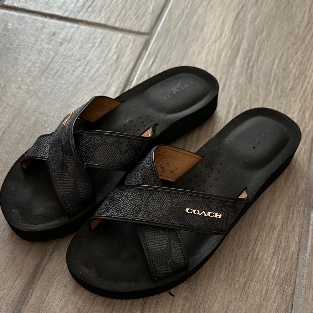 Coach Black Leather Slide Sandals